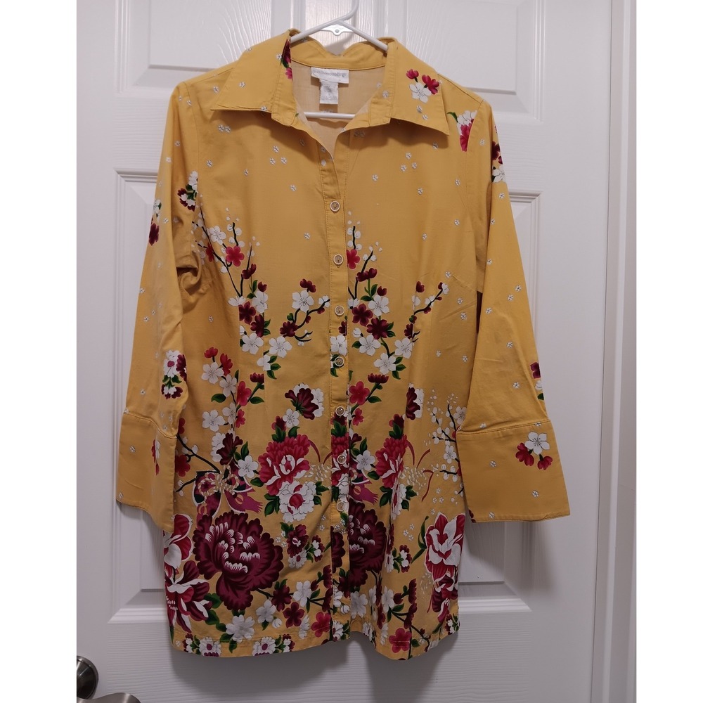 Soft Surroundings Yellow Floral Cotton Button Up Tunic Blouse Womens Large 28452